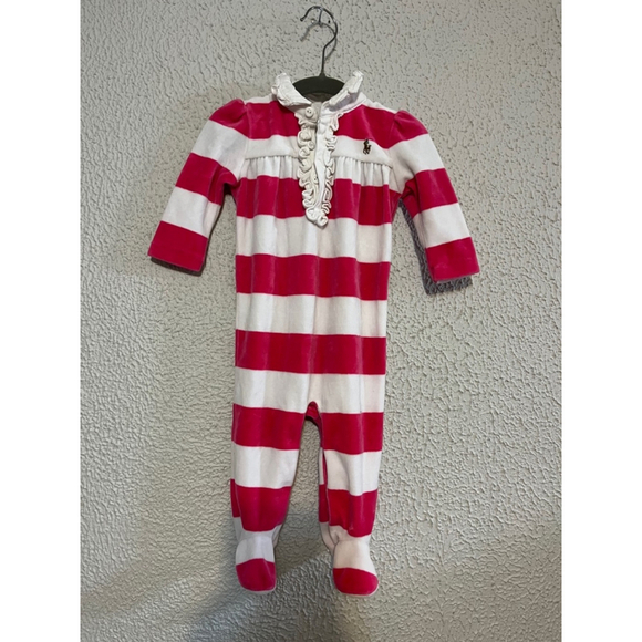 Baby Girl Vintage Ralph Lauren Pink and White Strip Velour Frilly One Piece